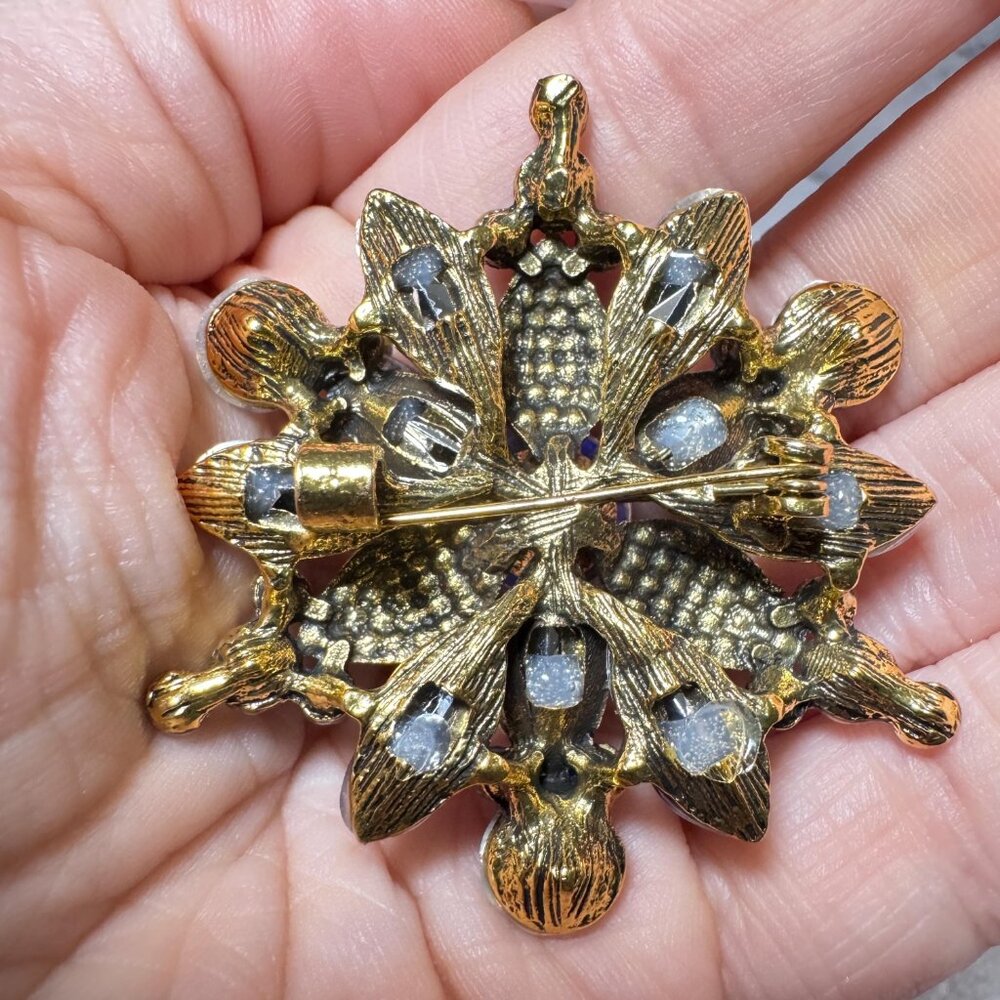 Floral Snowflake Rhinestone Statement Brooch Vintage Blue Pin 2” - Picture 3 of 8
